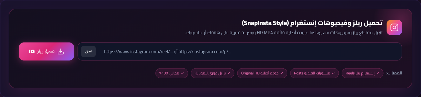 واجهة أداة Download Instagram Reels & Videos in Original HD MP4 Quality الحقيقية على منصة HOKSys