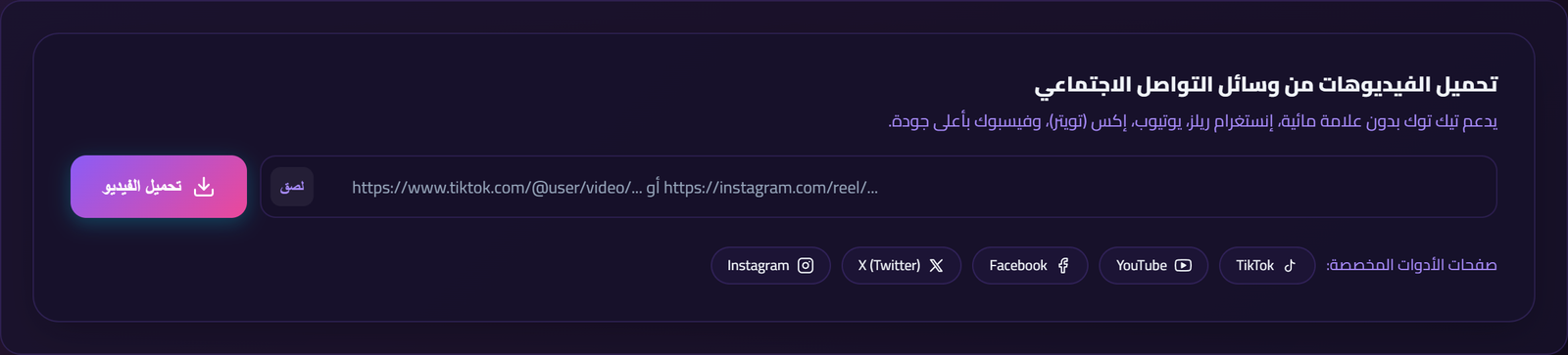 واجهة أداة All-in-One Social Video Downloader: TikTok, YouTube, Instagram, Facebook & X الحقيقية على منصة HOKSys